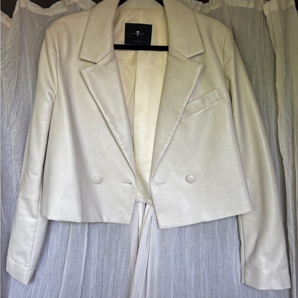 7 For All Mankind Cream Cropped Pleather Blazer with Classic Lapel